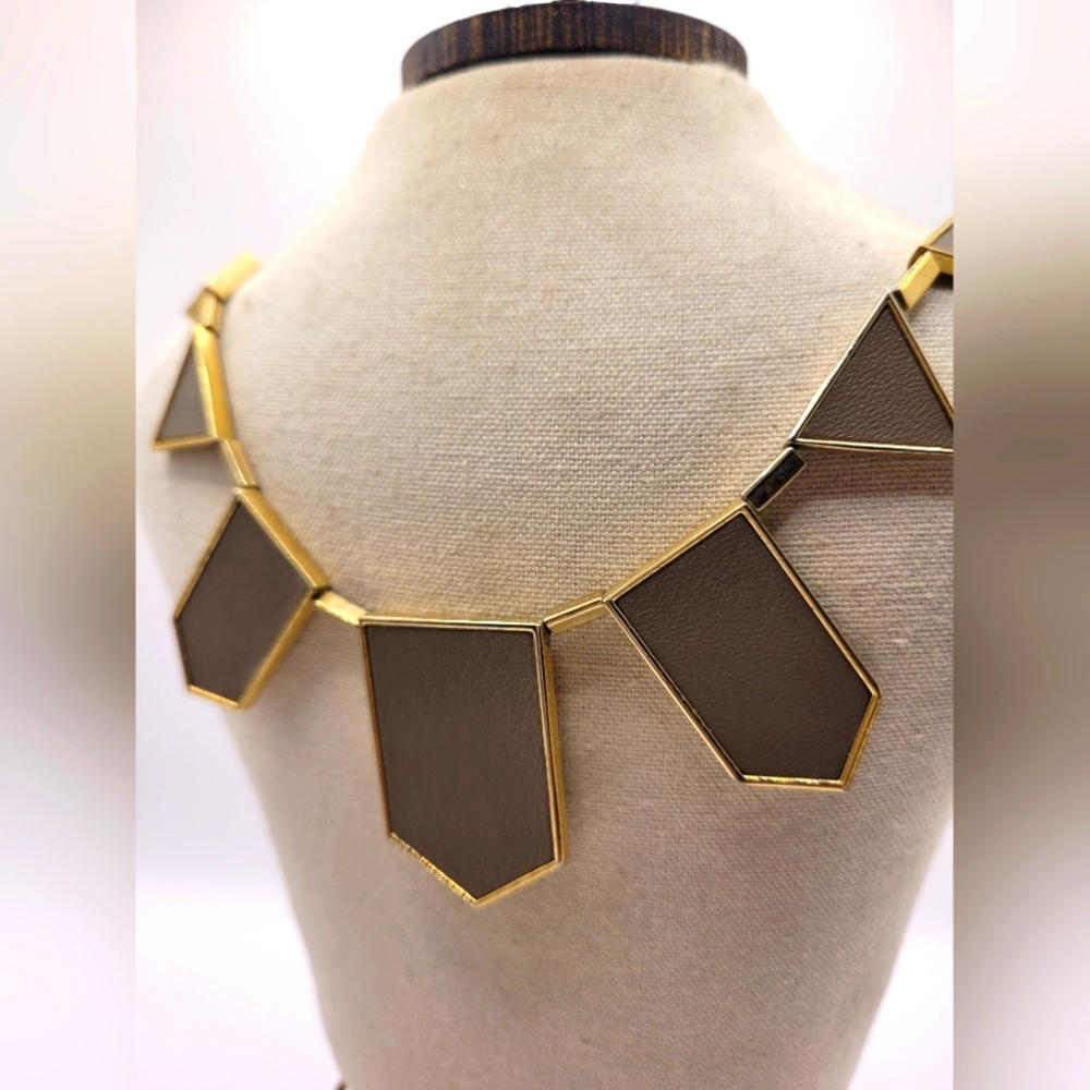 House Of Harlow 1960 Gold Tone Geometric Brown Leather Necklace